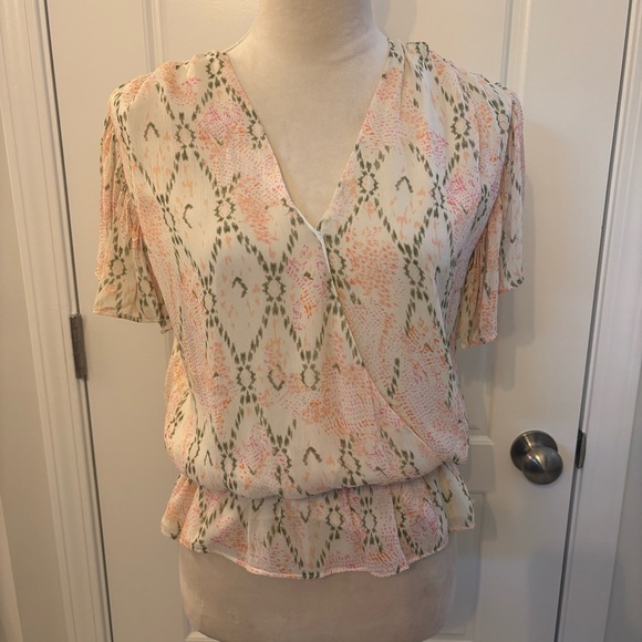 Ramy Brook Cream Short Ruffle Sleeve Faux Wrap Blouse Top Medium Careerwear - Picture 2 of 11